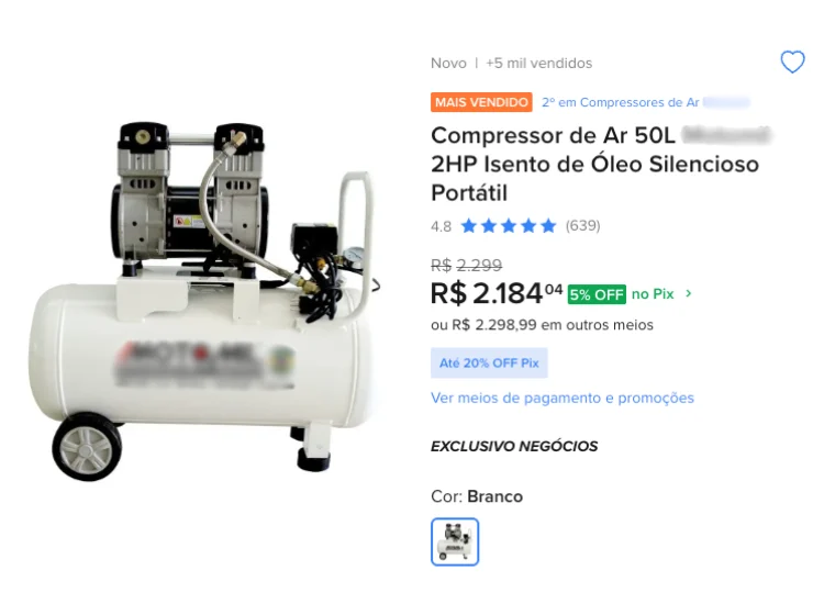 Anúncio real de compressor de ar portátil de 50 litros branco