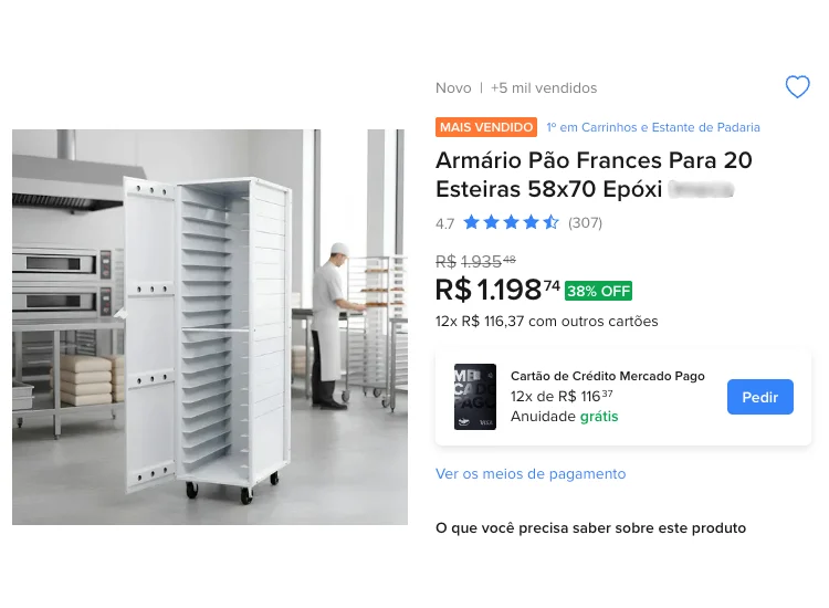 Anúncio real de armário para pão francês com esteiras, em epóxi branco